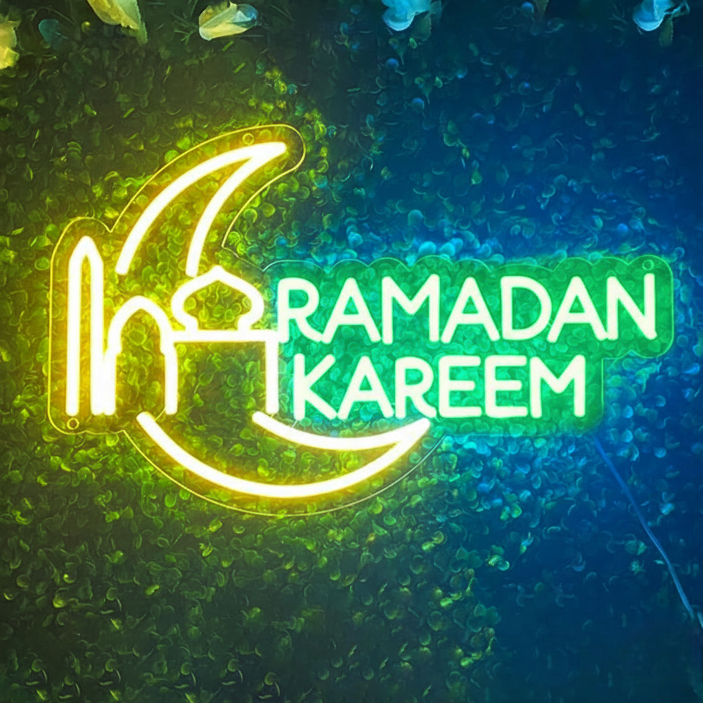 Ramadan Kareem With Moon | Ramadan Mubarak Neon Sign | LED Light Up Sign