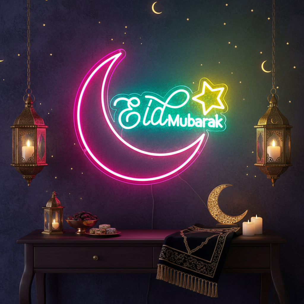 Eid Mubarak Neon Light With Moon | Ramadan Mubarak Neon Sign | LED Light Up Sign