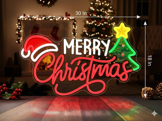 Merry Christmas Cap & Tree | Neon Signs Personalized LED Festive Neon Lights (30In x 18In)