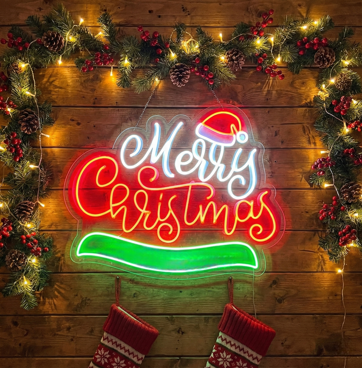 Merry Christmas WIth Cap Neon Sign | Custom Christmas Neon Signs (24In x 24In)