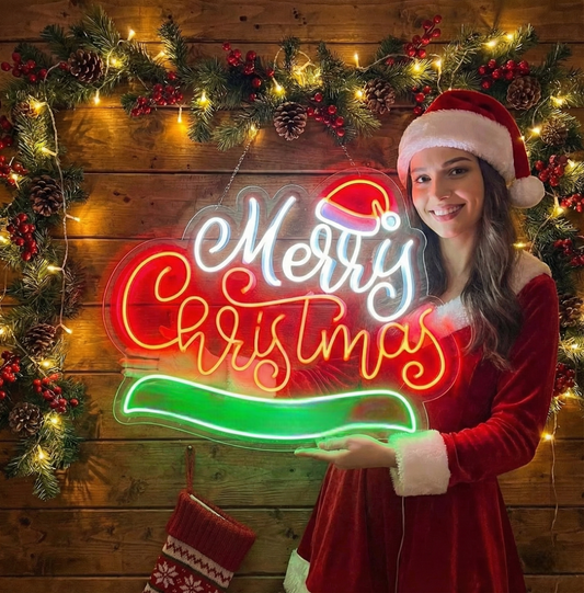 Merry Christmas WIth Cap Neon Sign | Custom Christmas Neon Signs (24In x 24In)