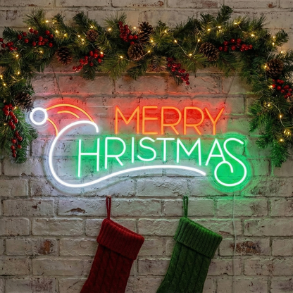 Merry Christmas Cap Design Neon Sign | Christmas Neon Sign (30In x 15In)