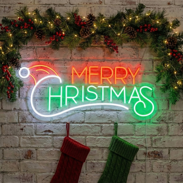 Merry Christmas Cap Design Neon Sign | Christmas Neon Sign (30In x 15In)