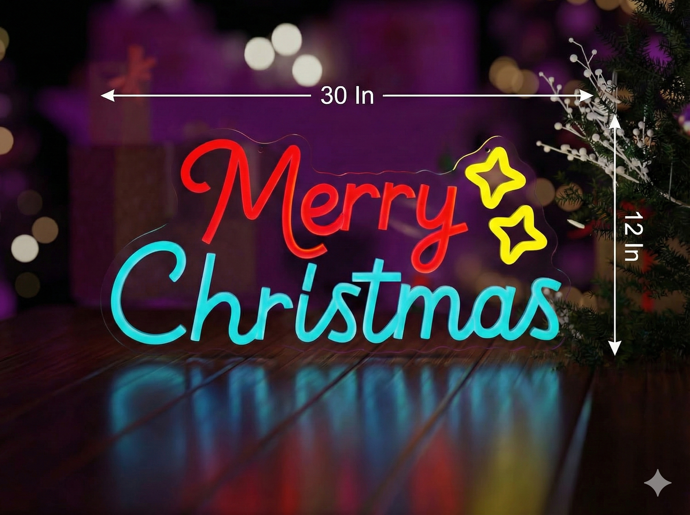 Merry Christmas With Star Neon Sign | Neon Sign Merry Christmas (30In x 12In)