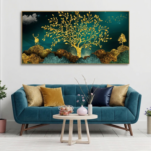 Canvas Wall Painting of Golden Trees With Birds And Deer | Framed Canvas Wall Art for Home Decoration