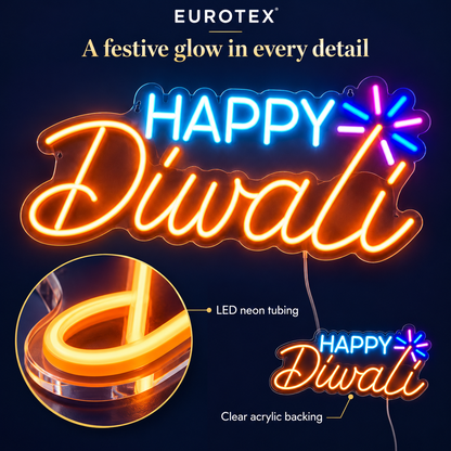 Eurotex Happy Diwali LED Neon Sign with Sparkle – Festive Wall Decor