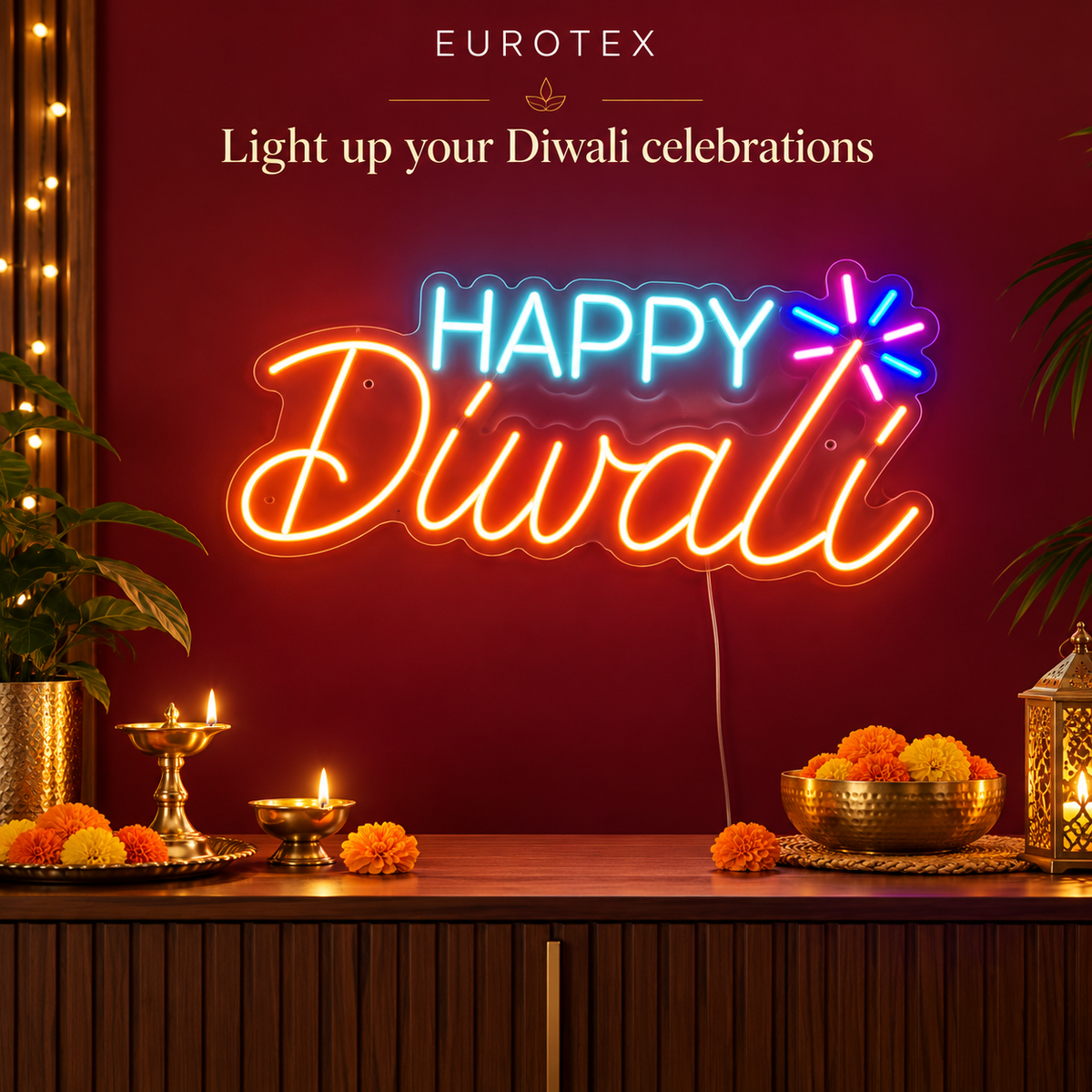 Eurotex Happy Diwali LED Neon Sign with Sparkle – Festive Wall Decor