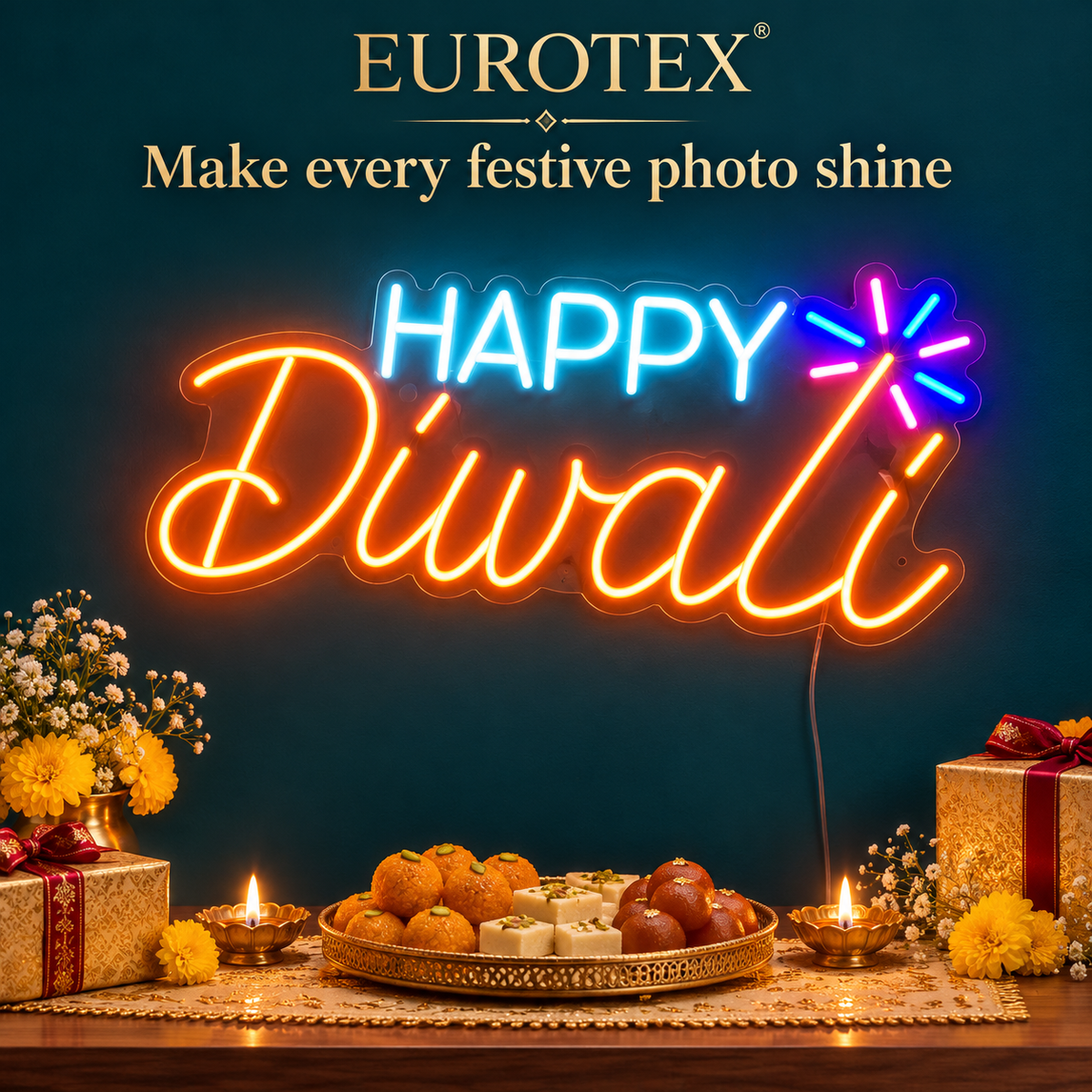 Eurotex Happy Diwali LED Neon Sign with Sparkle – Festive Wall Decor