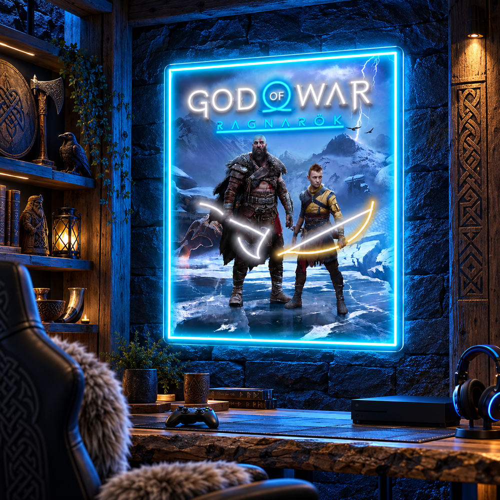 God of War Ragnarok LED neon poster sign in Nordic gaming room