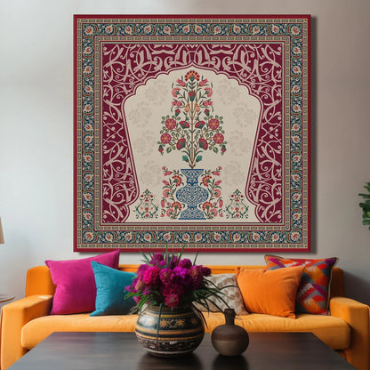 Flower Pot, Kalamkari Art, Framed Abstract Canvas Wall Art for Bedroom