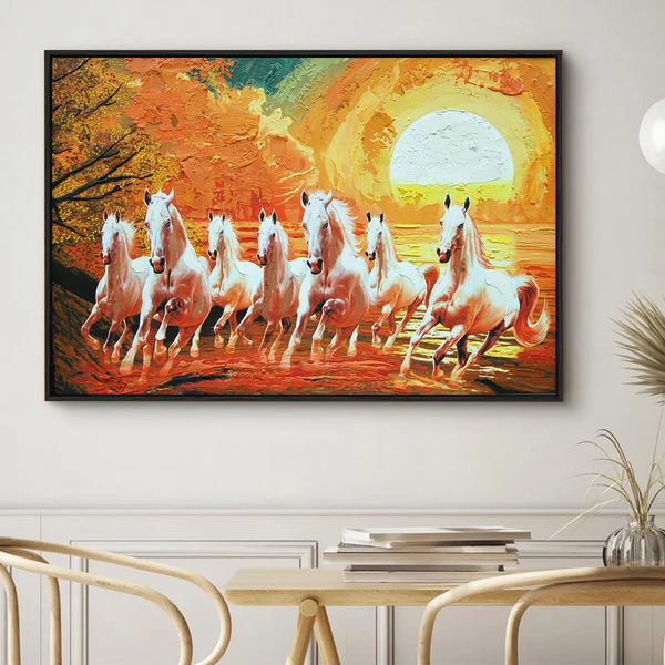 Eurotex Seven Running Horses, Framed Wall Painting for Living Room (24x36 In)