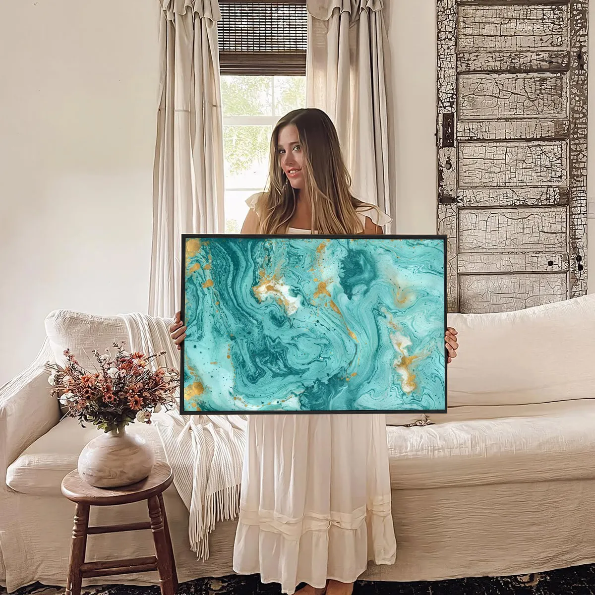 Eurotex Turquoise Marble Texture, Framed Wall Painting for Room (24x36 In) Eurotex