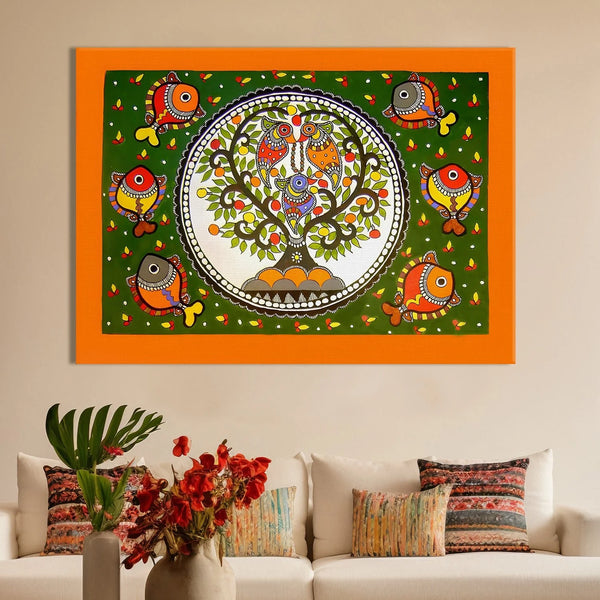 Fish Tree, Madhubani Painting, Framed Abstract Canvas Wall Art for Living Room