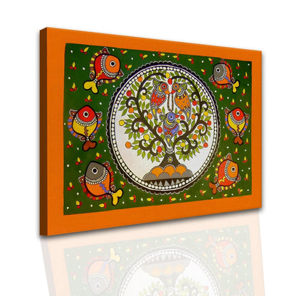 Fish Tree, Madhubani Painting, Framed Abstract Canvas Wall Art for Living Room Eurotex