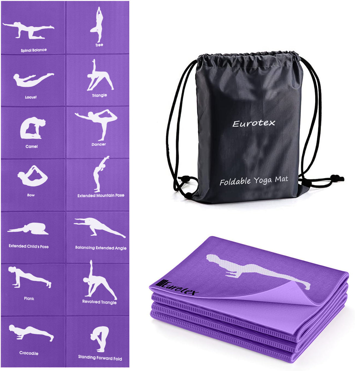 Eurotex Travel Yoga Mat, Foldable Portable Gym Mat for Women/Men with Carry Bag - Purple