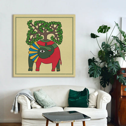Tree On Elephant, Madhubani Painting, Framed Abstract Canvas Wall Art for Room Eurotex