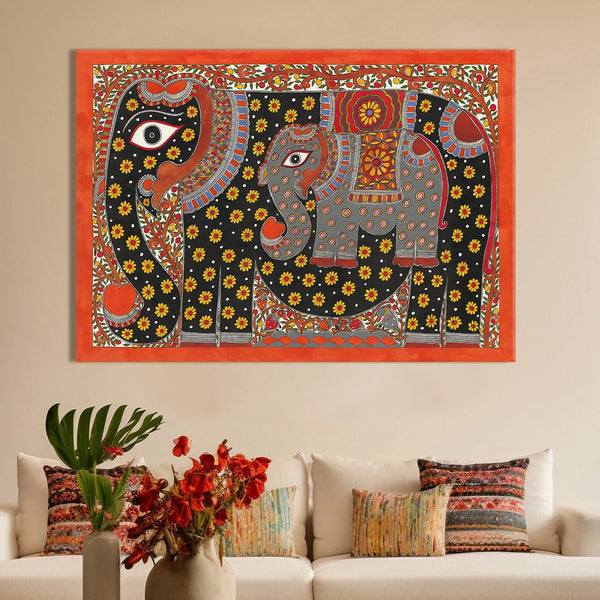 Elephant Family, Madhubani Painting, Framed Abstract Canvas Wall Art for Bedroom