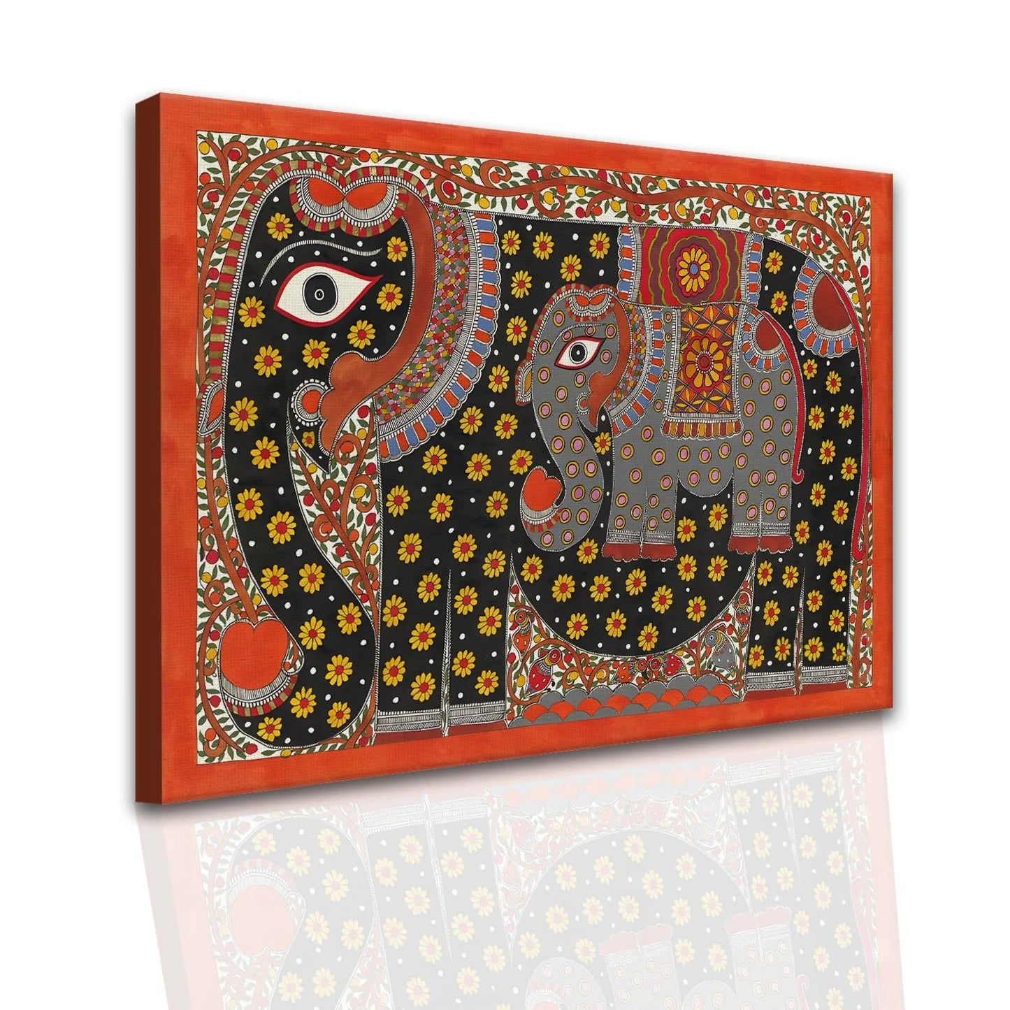 Elephant Family, Madhubani Painting, Framed Abstract Canvas Wall Art for Bedroom Eurotex