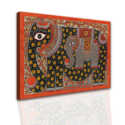 Elephant Family, Madhubani Painting, Framed Abstract Canvas Wall Art for Bedroom Eurotex