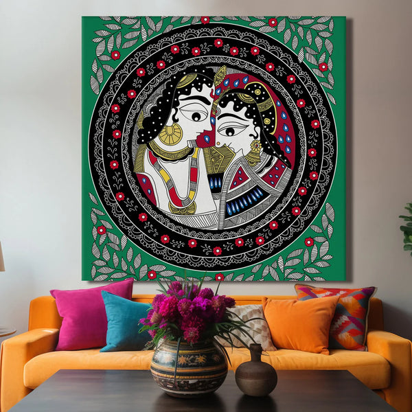 Radhe Krishna, Madhubani Painting, Framed Abstract Canvas Wall Art for Bedroom
