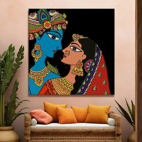 Shree Krishna & Radha, Madhubani Painting, Framed Abstract Canvas Wall Art for Bedroom