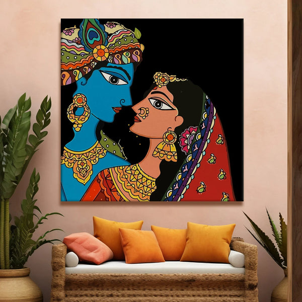 Shree Krishna & Radha, Madhubani Painting, Framed Abstract Canvas Wall Art for Bedroom