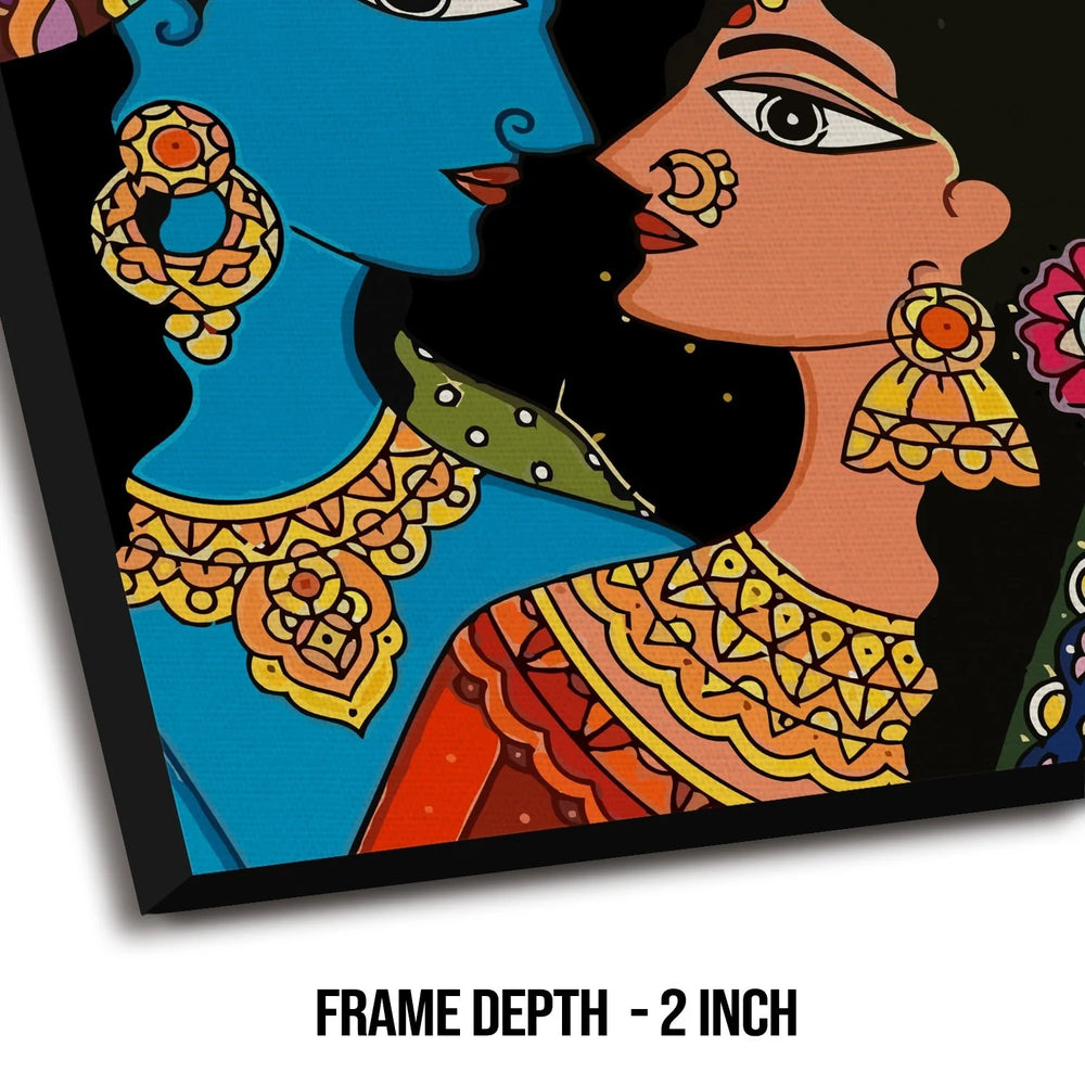 Shree Krishna & Radha, Madhubani Painting, Framed Abstract Canvas Wall Art for Bedroom Eurotex