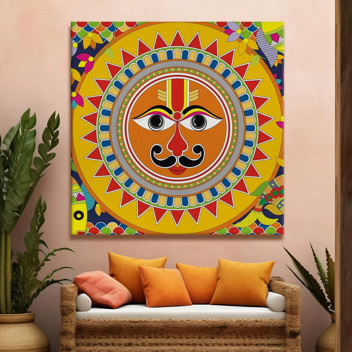 Sun Art, Madhubani Painting, Framed Abstract Canvas Wall Art for Bedroom
