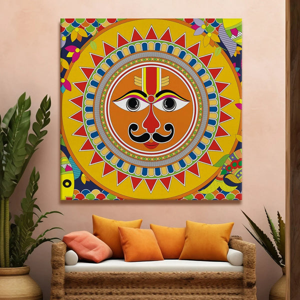 Sun Art, Madhubani Painting, Framed Abstract Canvas Wall Art for Bedroom