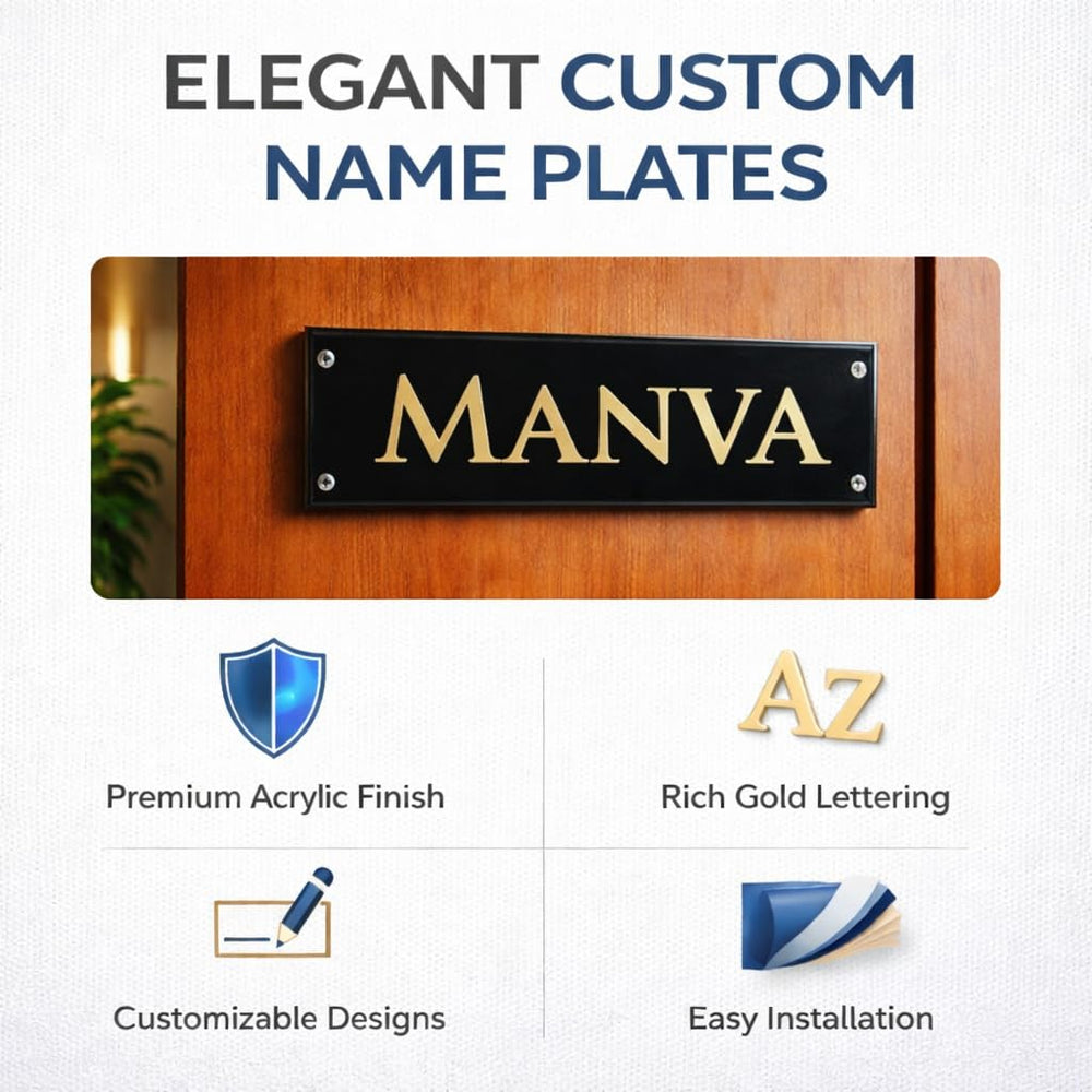 Eurotex Custom Name Plate for Personal, Home & Office (Black With Golden Acrylic)