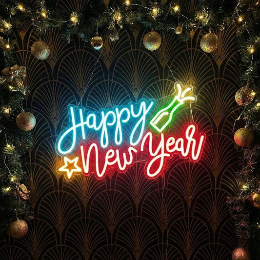 Happy New Year Celebration LED Neon Sign | Light Up New Year Wall Decor (30In x 15In)