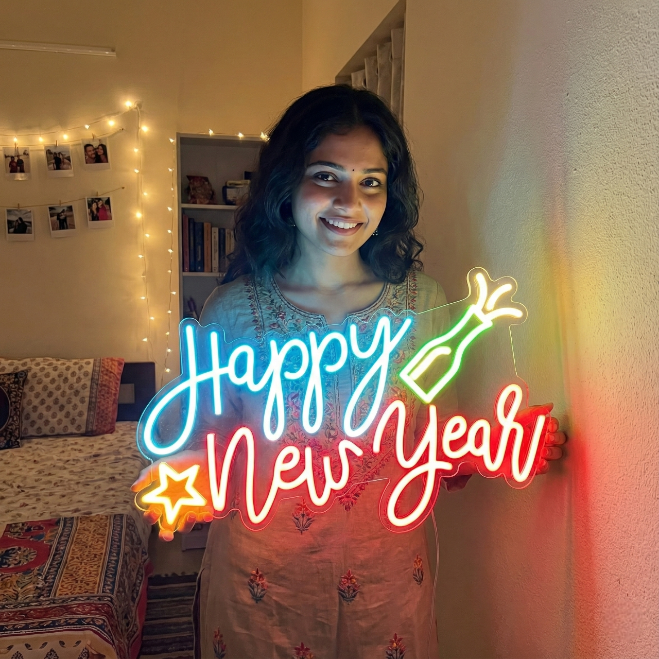 Happy New Year Celebration LED Neon Sign | Light Up New Year Wall Decor (30In x 15In)