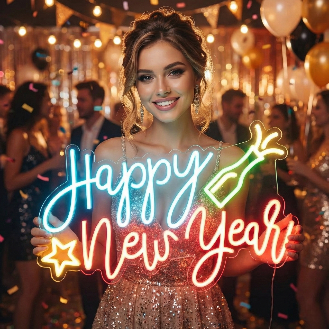 Happy New Year Celebration LED Neon Sign | Light Up New Year Wall Decor (30In x 15In)