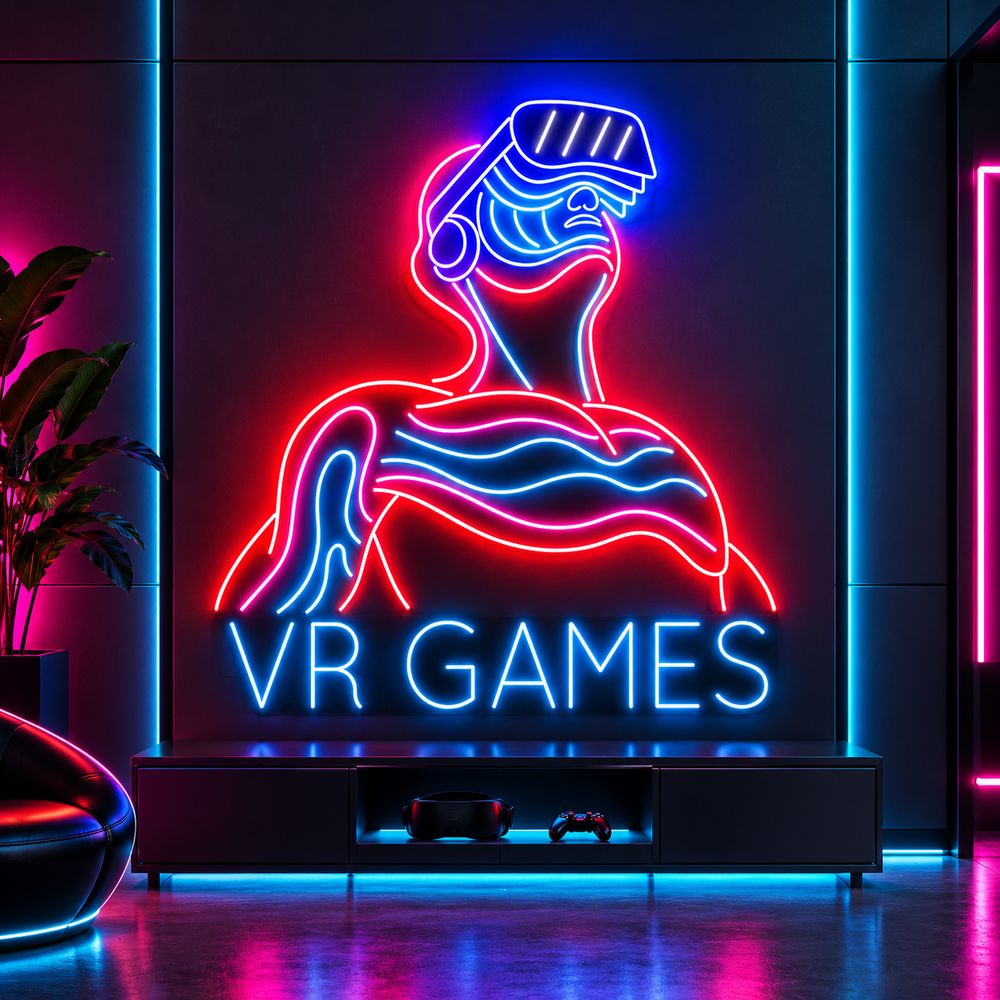 VR Games LED neon sign with virtual reality headset figure in red and blue