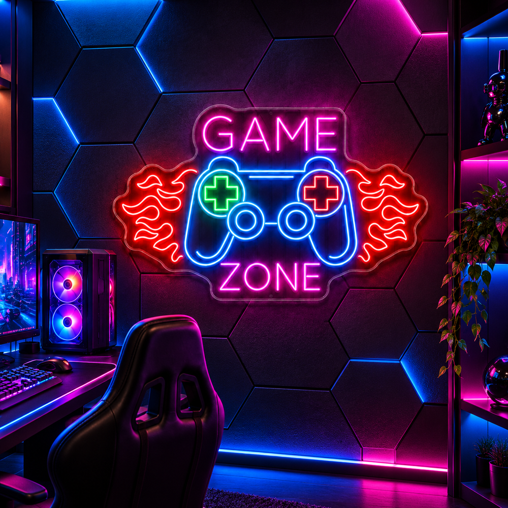 Game Zone LED neon sign with controller and flames in esports gaming room