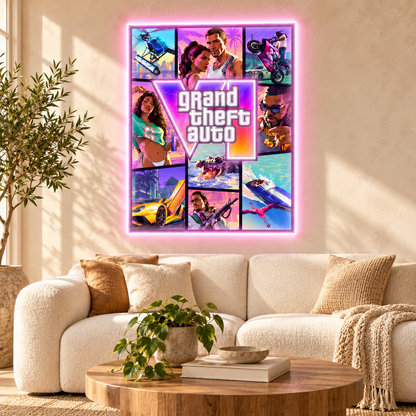 Retro Vice City style gamer LED neon sign glowing above a sofa in a living room