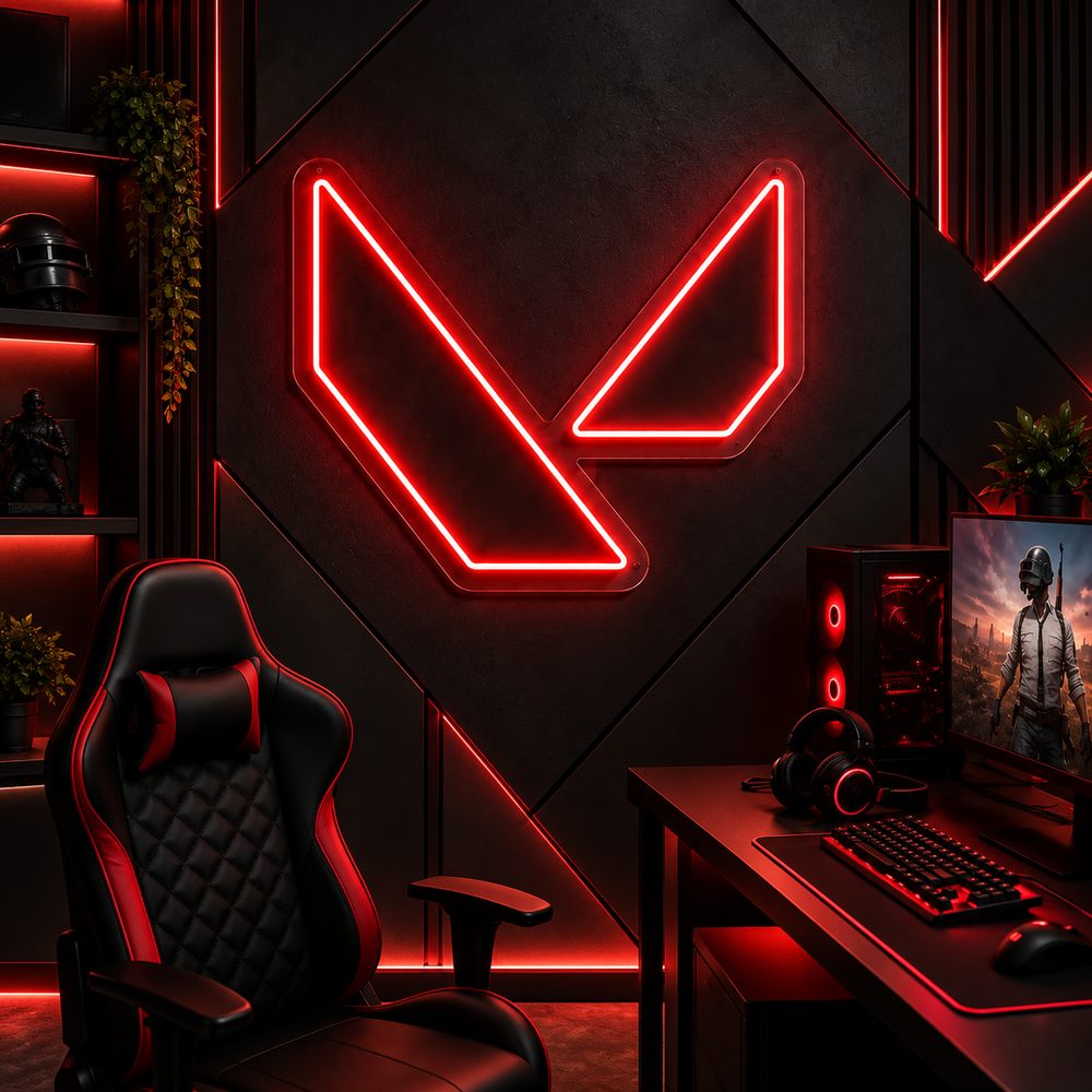 Valorant red LED neon sign in tactical esports gaming setup