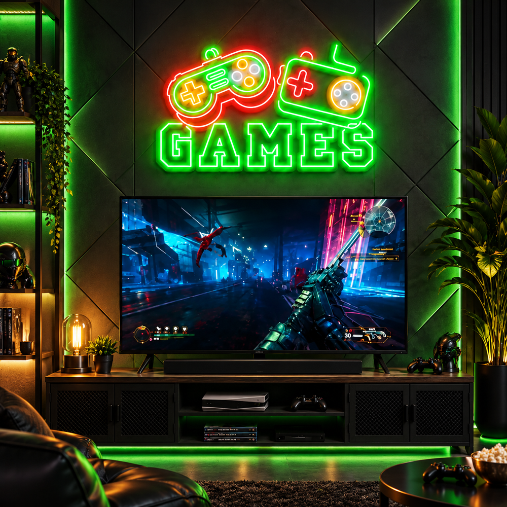 Games controller LED neon sign with retro gamepads above TV in gaming lounge