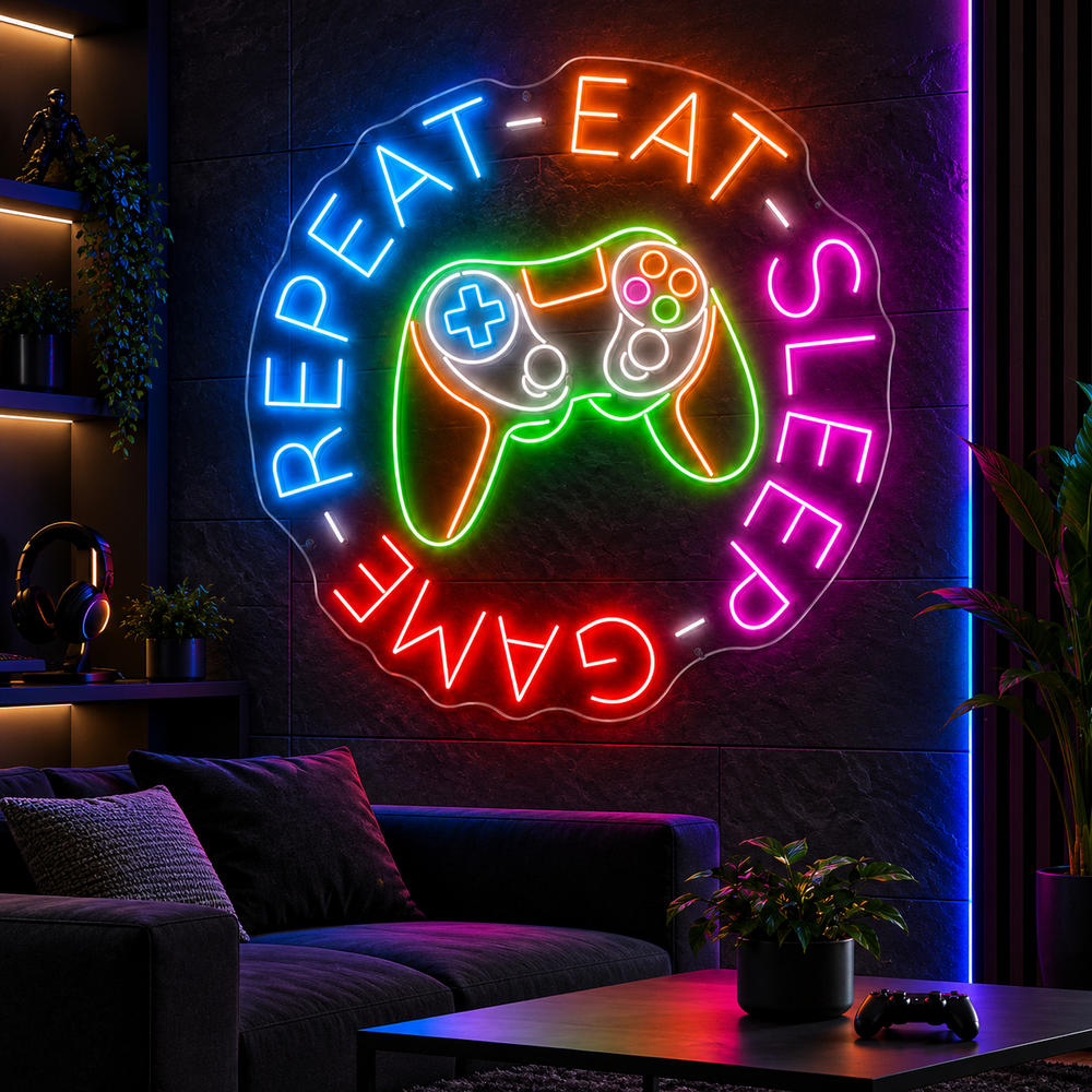 Eat Sleep Game Repeat circular multicolour LED neon sign with controller