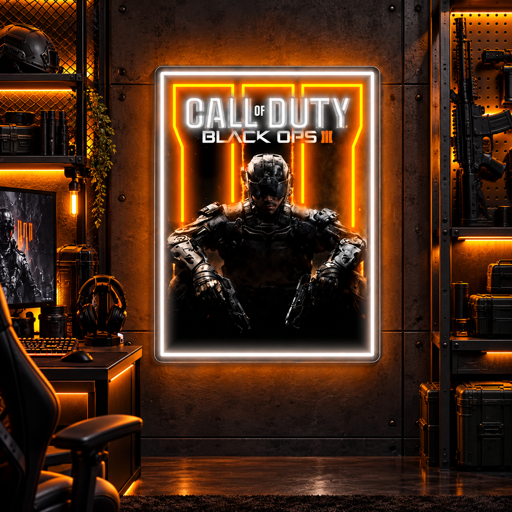 Call of Duty Black Ops III LED neon poster sign in amber-lit gaming den