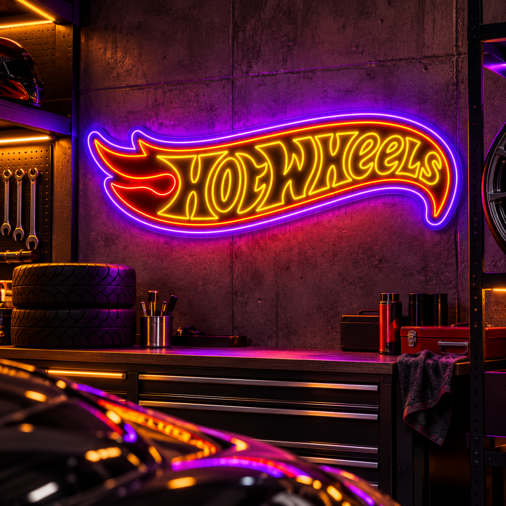 Hot Wheels flame logo LED neon sign in automotive garage