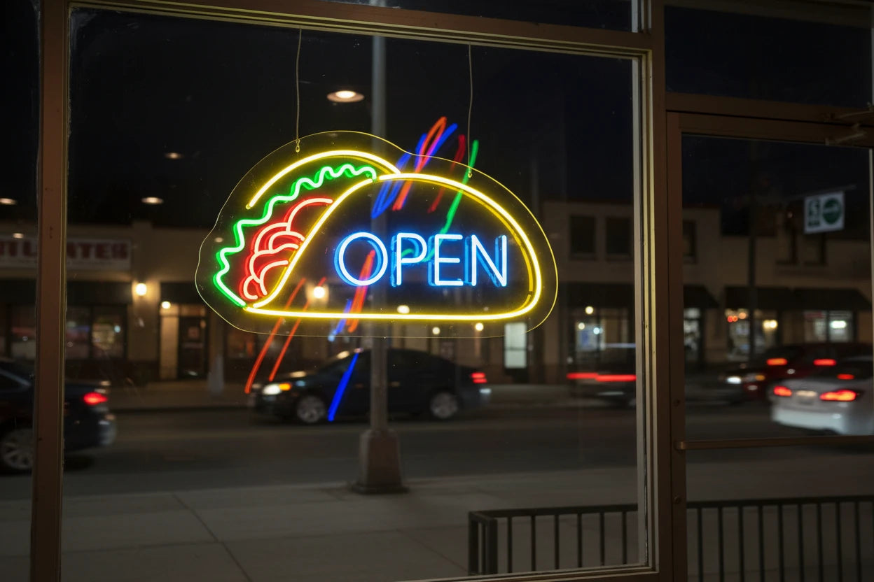 Neon sign shaped like a taco with 'OPEN' text on a brick wall.