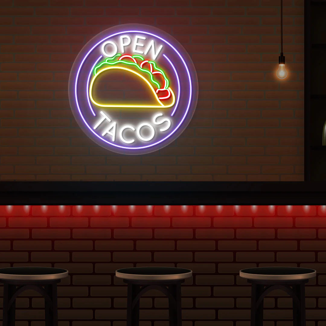 Open Tacos Neon Signs & Cafe LED Lights | Custom Coffee Shop Decor