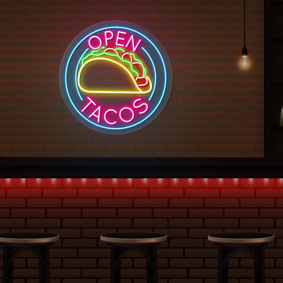 Open Tacos Neon Signs & Cafe LED Lights | Custom Coffee Shop Decor