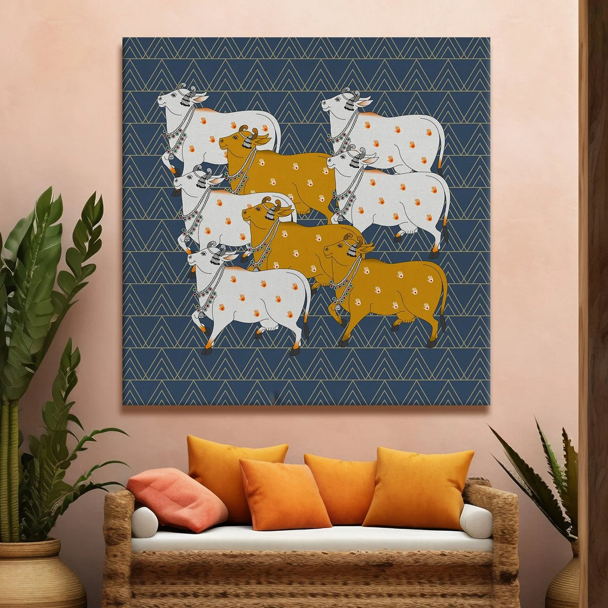Sacred Cow Herd, Framed Abstract Canvas Wall Art for Bedroom