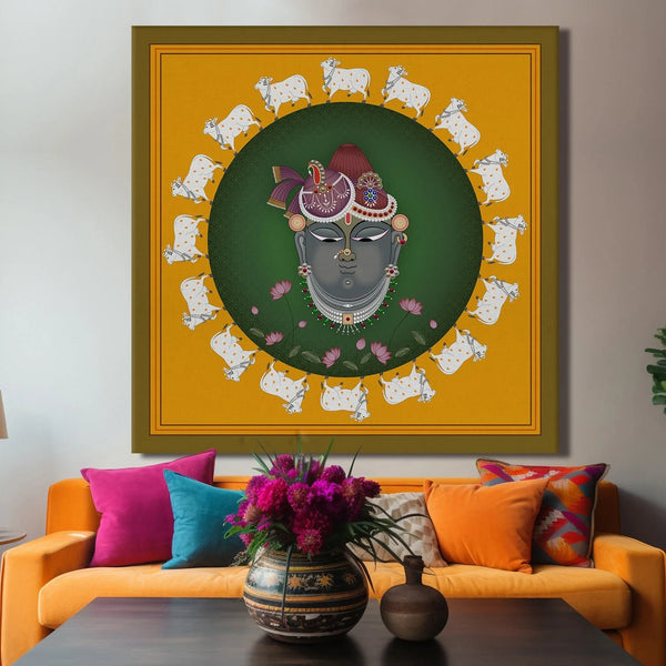 Krishna's Sanctuary, Pichwai Painting, Framed Abstract Canvas Wall Art for Bedroom