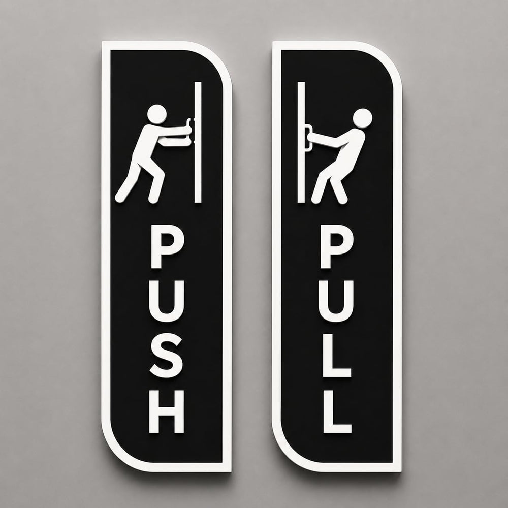 Black Push & Pull Door Sign Set Acrylic – Minimalist Vertical Door Plaques for Office, Retail Store, Cafe, Restaurant, Glass Door & Commercial Entrance