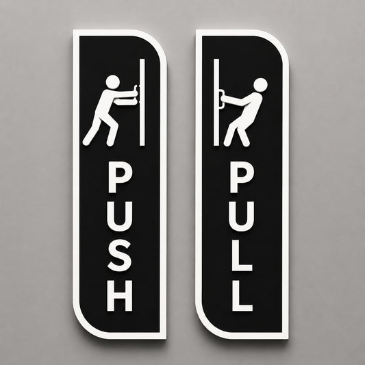 Black Push & Pull Door Sign Set Acrylic – Minimalist Vertical Door Plaques for Office, Retail Store, Cafe, Restaurant, Glass Door & Commercial Entrance