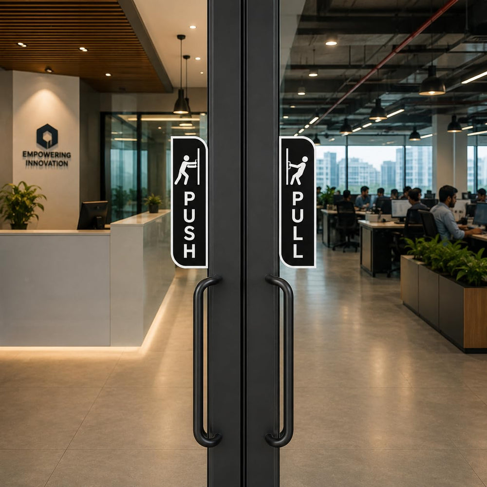 Black Push & Pull Door Sign Set Acrylic – Minimalist Vertical Door Plaques for Office, Retail Store, Cafe, Restaurant, Glass Door & Commercial Entrance