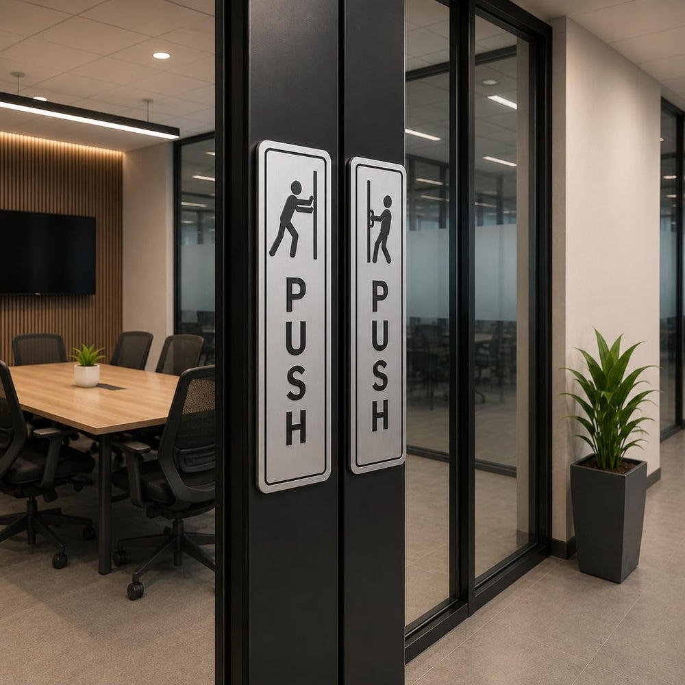 Push Pull Door Sign Set Silver Acrylic – Minimalist Office Door Plaques for Business Entrances, Retail Stores, Restaurants, Glass Doors & Commercial Spaces